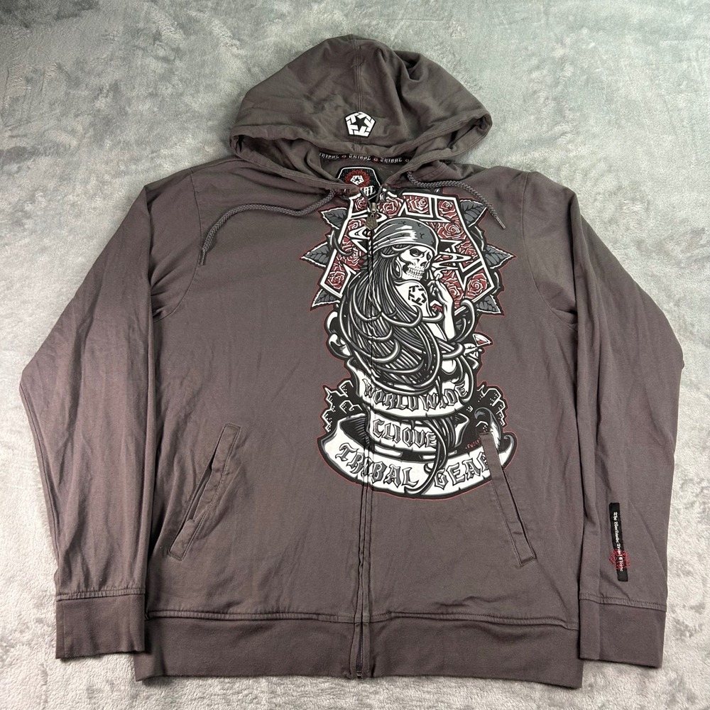 Tribal Gear Worldwide Clique Zip Up Hoodie Mens XL Gray Skull Rose Streetwear